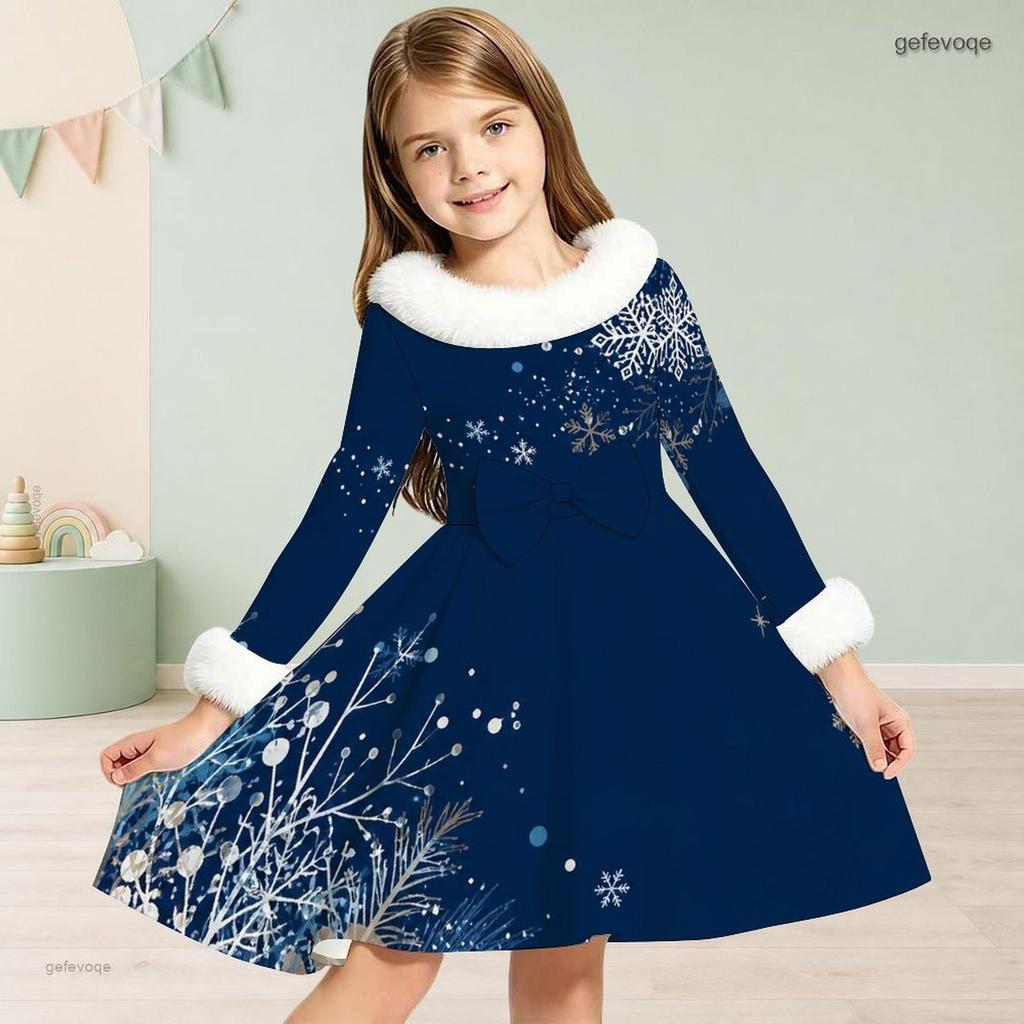Girls Furry Collar Long Sleeve Dark Blue Snowflake Printed A Line Dress With Big Bow