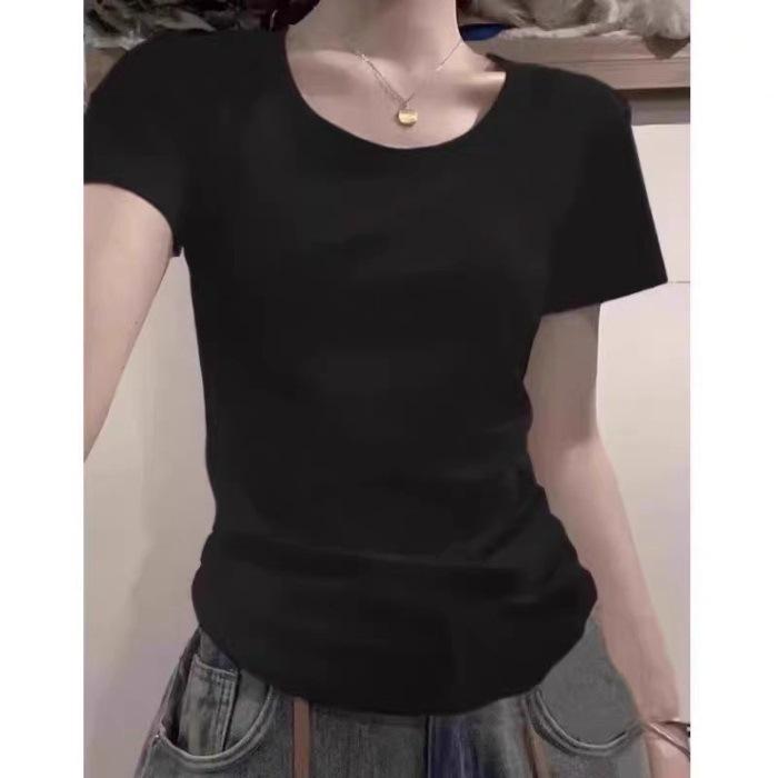 

Grey slim-fit front shoulder crew neck short-sleeved t-shirt women s summer new waist spice bm design spring top S чёрный