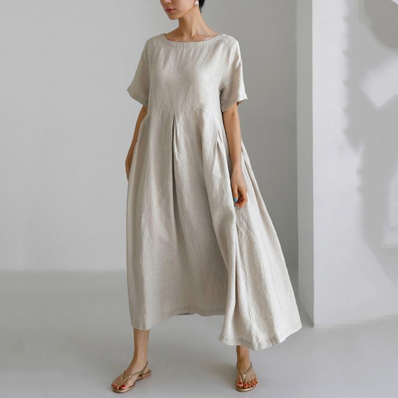 Kurzarm Plus Size Baumwolle Vintage Neu im Kleider für Damen Lässiges lockeres langes Sommerkleid