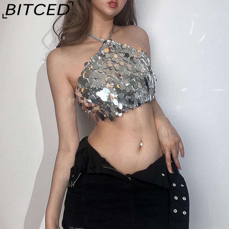 BITCED Summer Women's Fashion Sexy Halterneck Backless Sequinned Crop Top