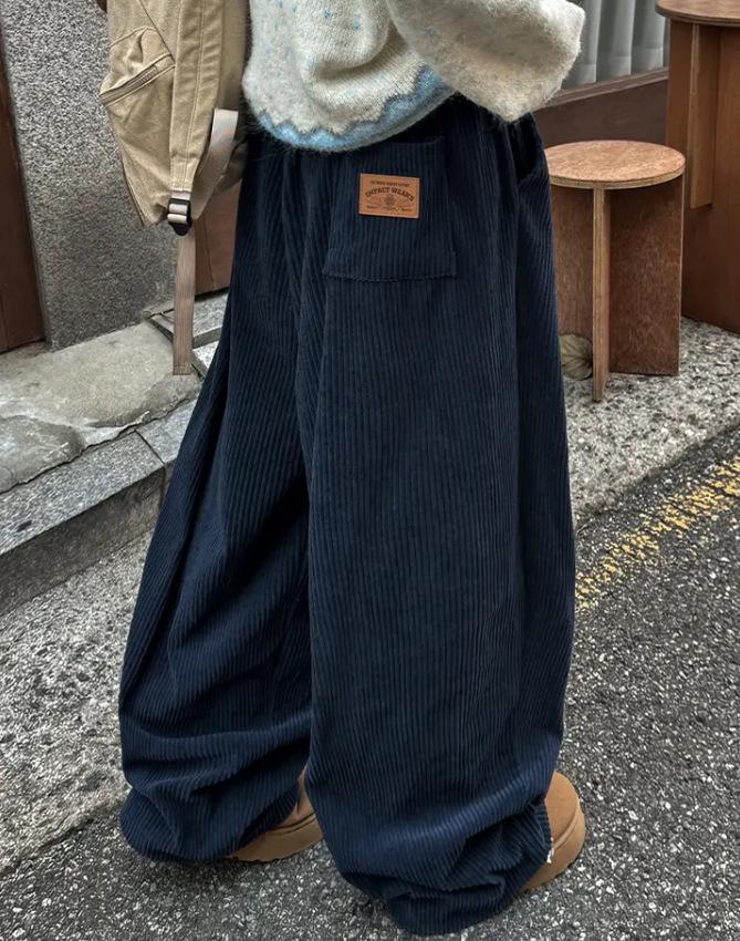 Corduroy High-Waist Striped Drawstring Trousers