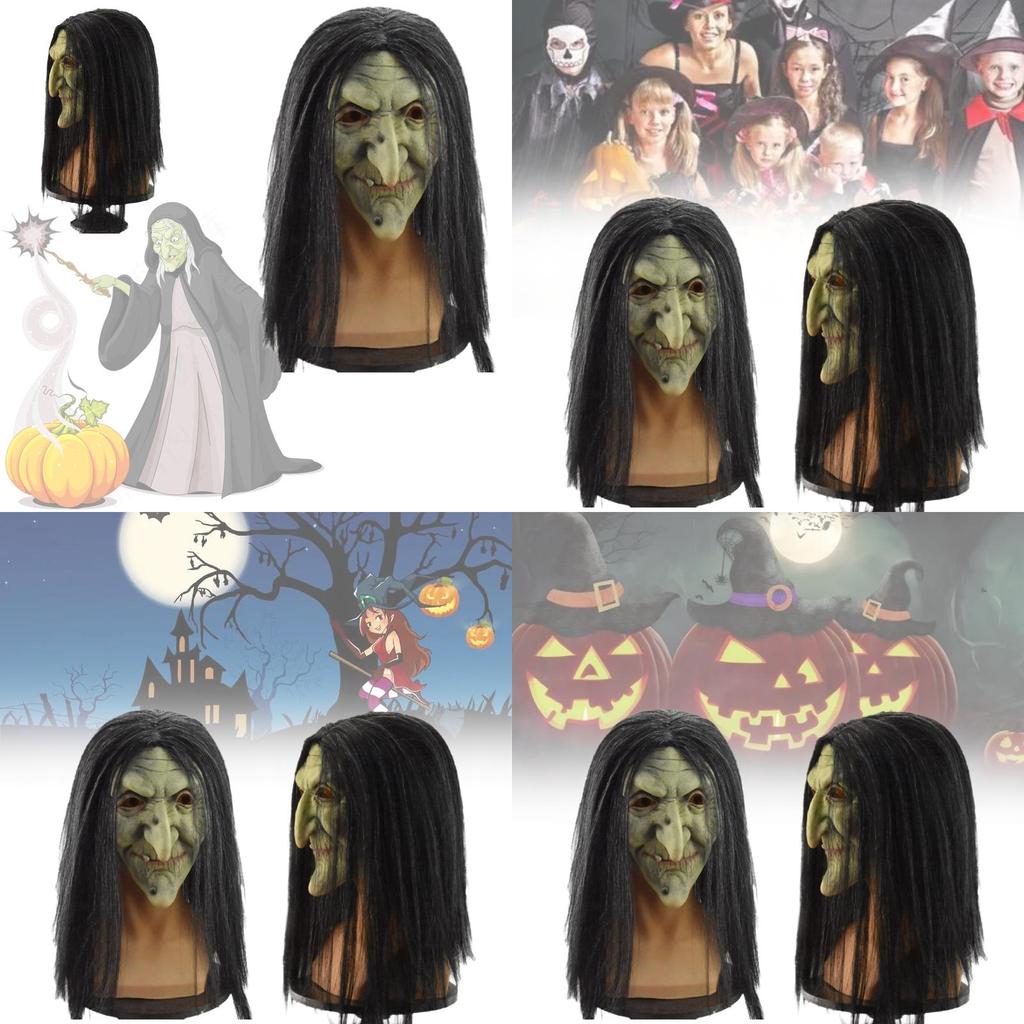 Classic Evil Witch Latex Mask For Halloween Party Costume With Scary Black Hair