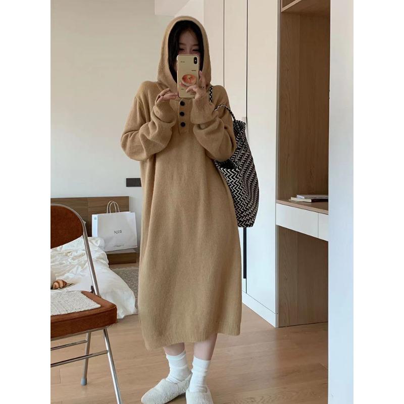 

Премиальное однотонное универсальное вязаное платье осень и зима женская утолщенная свободная базовая рубашка длинный свитер юбка One size