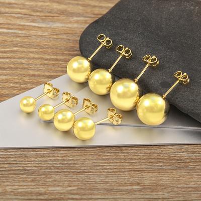 Nidin Simple Fashion Hot Ear Post Stud Earrings Dia 6MM/8MM/10MM/12MM Ball Shape Gold Color Fashion Jewelry Wholesale 1 Pair