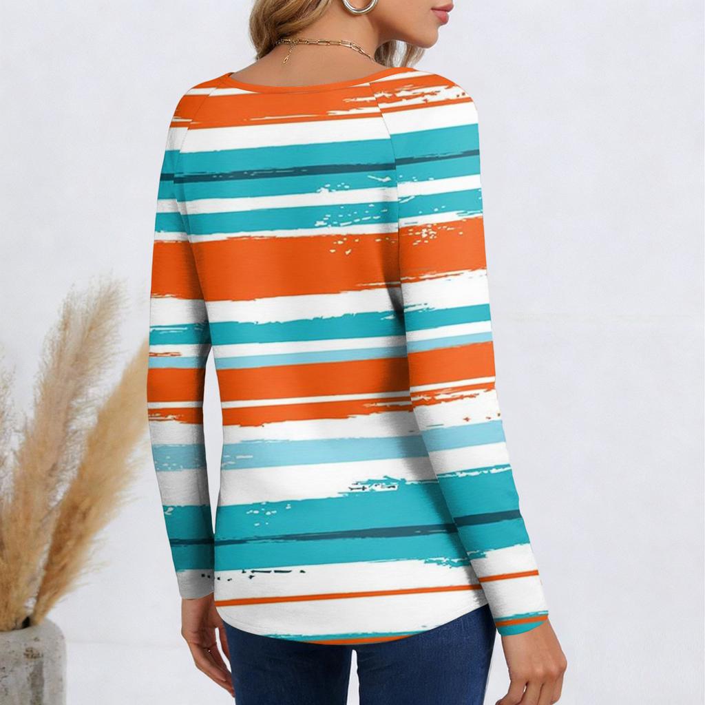 Ladies' Striped Printed Casual and Fashionable Long Sleeved Pullover Top