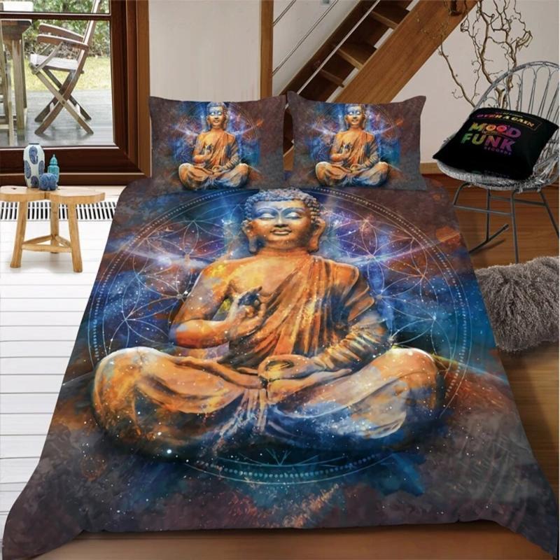 Mandala Buddha Duvet Cover Set King Size Exotic Ethnic Bohemian Bedding Set Golden Black Lotus Flowers Gorgeous Comforter Cover
