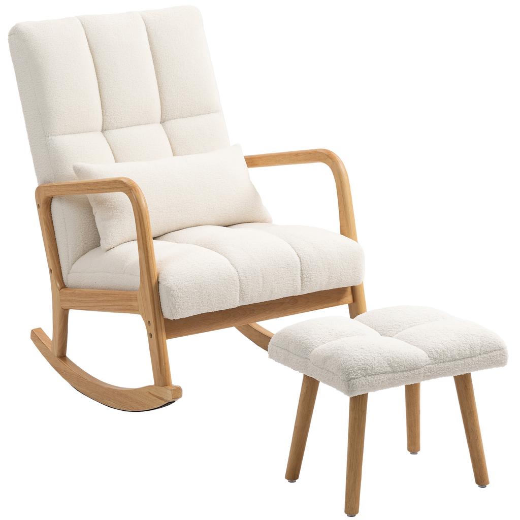 Rocking Chair with Footstool, Fleece Cover, High Backrest, Wooden Legs, Foot Pads, White