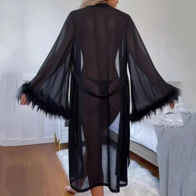 Indulge In European and American Sexy Lingerie: Feather Long Sleeve Nightgown for Women, Comfortable Mesh Loungewear.
