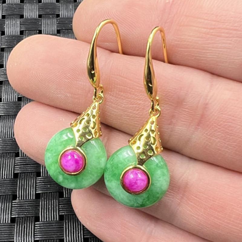 Emerald Green Jade Earrings with Sugilite Inlay Drops