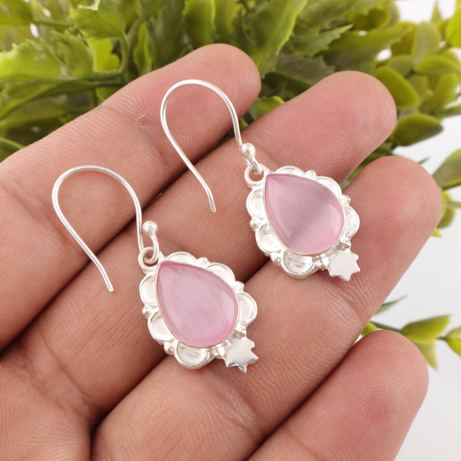 

Pink Cat s Eye Earrings 925 Sterling Silver Gemstone Jewelry For Engagement Gift EE-163-36
