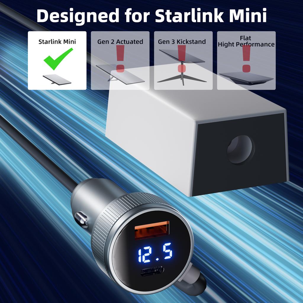 Mini Cigarette Lighter Adapter USB C 3 in 1 Starlink Mini Voltage Step Up Cord 36V 1.67A Output 12V-36V Input 18 AWG