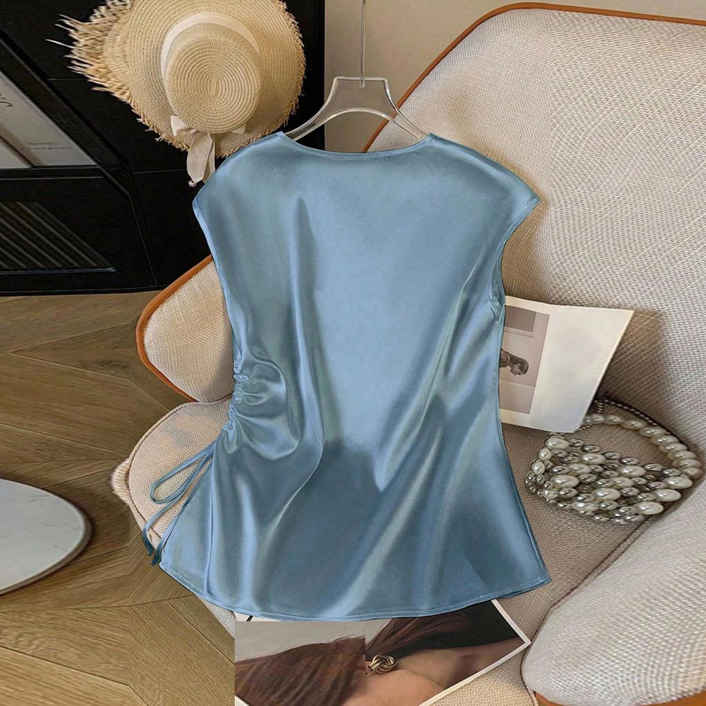 Damen Freizeit Satin V-Ausschnitt Tunnelzug Hemd Top
