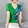 Mesh Mode V-Ausschnitt T-Shirt für Damen Kurzärmeliger Sommer Neues Modisches Bedrucktes Oberteil Slim Kleines Hemd