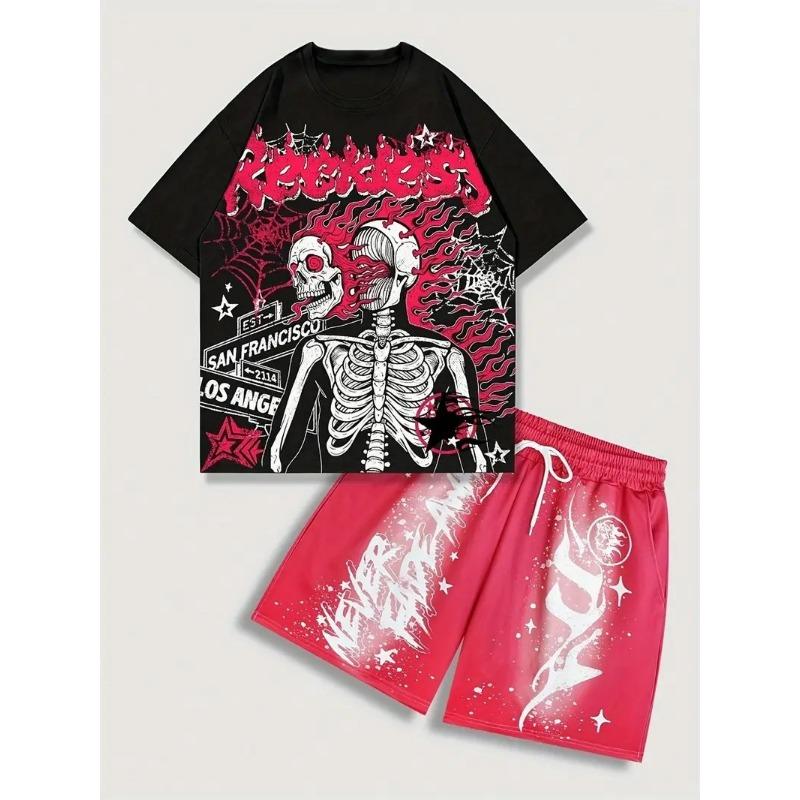 

Summer New Men s Set Comfort and Softness Features Street Casual Hip-hop Fashion with 3D Skull Pattern Print 6XL