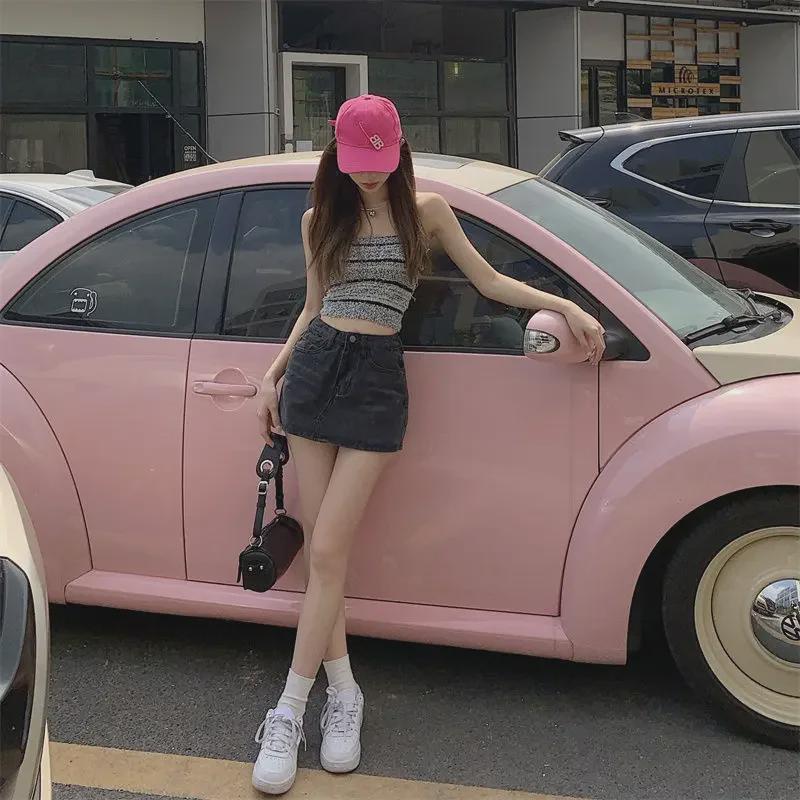 2025 Plus Size Spicy Retro A-line Denim Mini Skirt - High Waist Summer Skirt Pants for Women