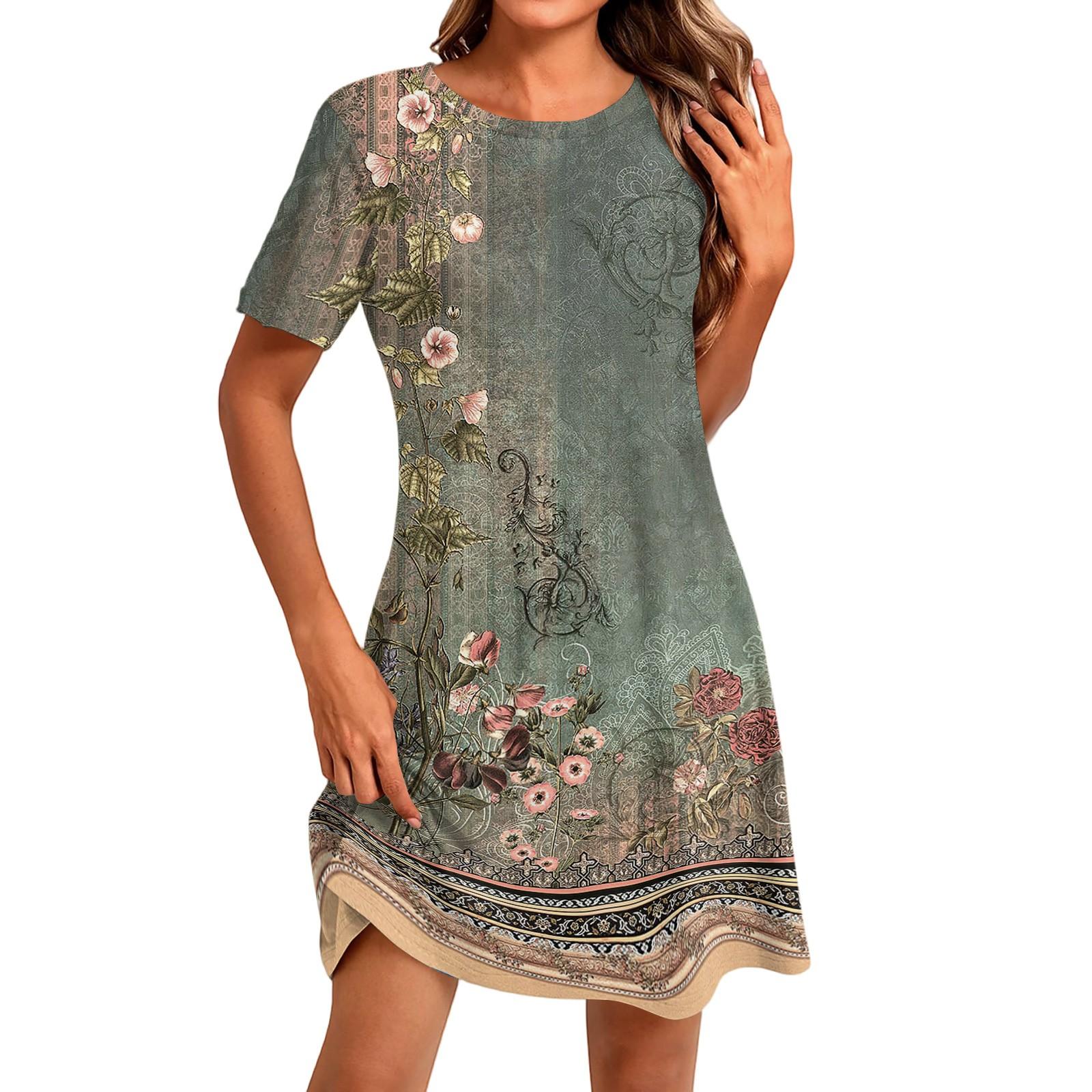Women s Fashion Casual Print Round Neck Short Sleeve Short Dress M