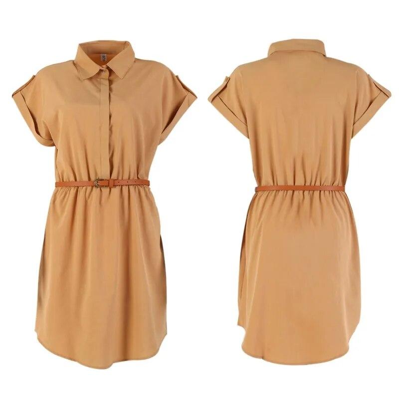 Abito da donna a-line in chiffon, moda casual, manica corta, abito OL con abiti a cintura