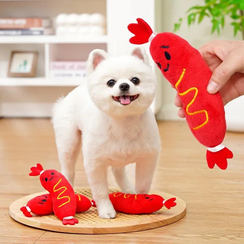 Squeaky Plush Dog Toy for Aggressive Chewers Interactive Puppy Chew Toys with Crinkle Sound Bite Resistant Hot Dog