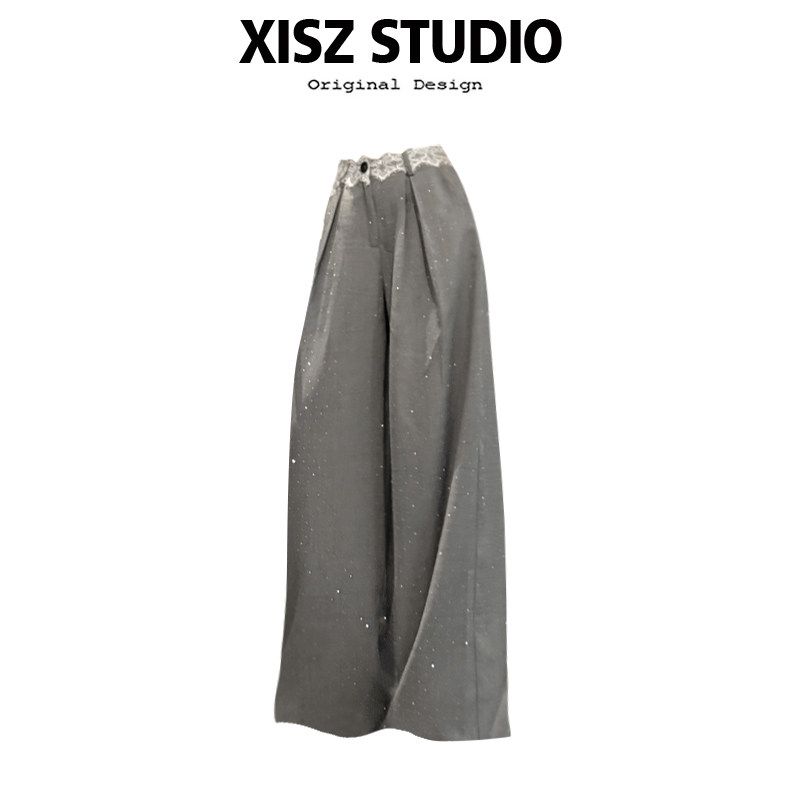 French-Style Gray Lace Patchwork Suit Pants for Women 2026 New Niche Design High-Waisted Drapey Wide-Leg Casual Pants Trendy Gray [High Quality] S