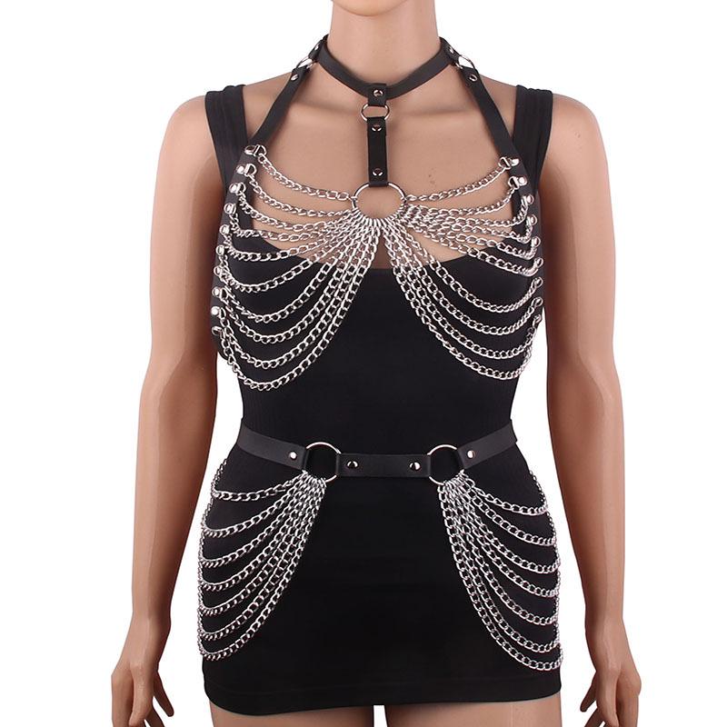 Gargantilla de Cuero Multicapa con Borlas y Cadena de Aleación para Pecho y Cintura, Superventas Transfronteriza