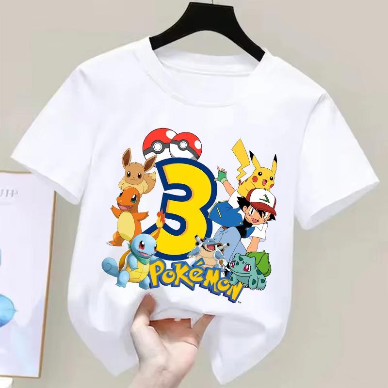 Pokemons Pikachu Kids T-shirts Birthday Number 1-9 Printed Summer Spring Children's T-shirts Minimalist Casual Cosplay Loose Top