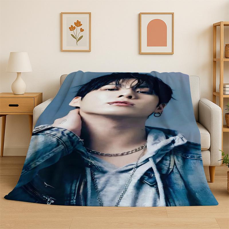 Kpop B-BTS Jeon Jung Kook JK Flannel Blanket Soft Warm Throw Blanket for Bedroom Living Room Bed Travel Camping Picnic Gift