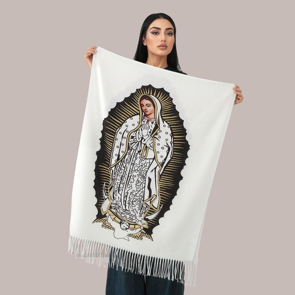 Damski Elegancki Szalik z Portretem Dziewicy Maryi Frędzle Kaszmirowy Szalik Damski Gruba Szal Fatima Okrycie Zimowe Etniczny Szalik Modlitewny 180*70cm