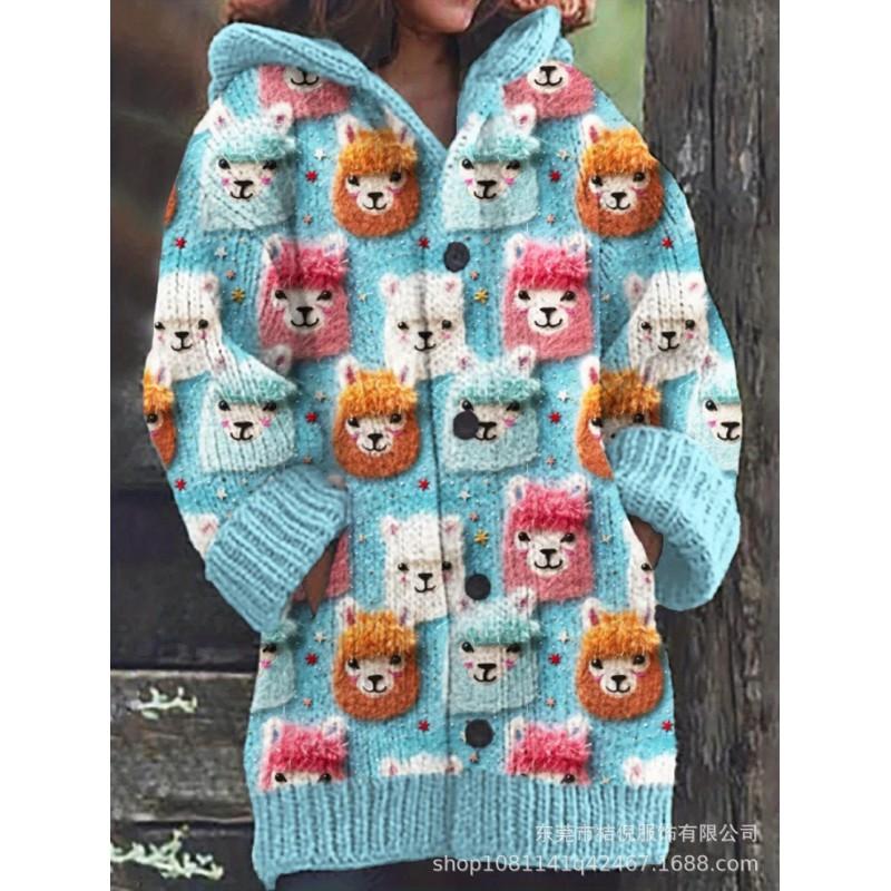 Womens Oversized Hooded Knit Cardigan With 3D Print Button Front Long Sleeve Casual Sweater