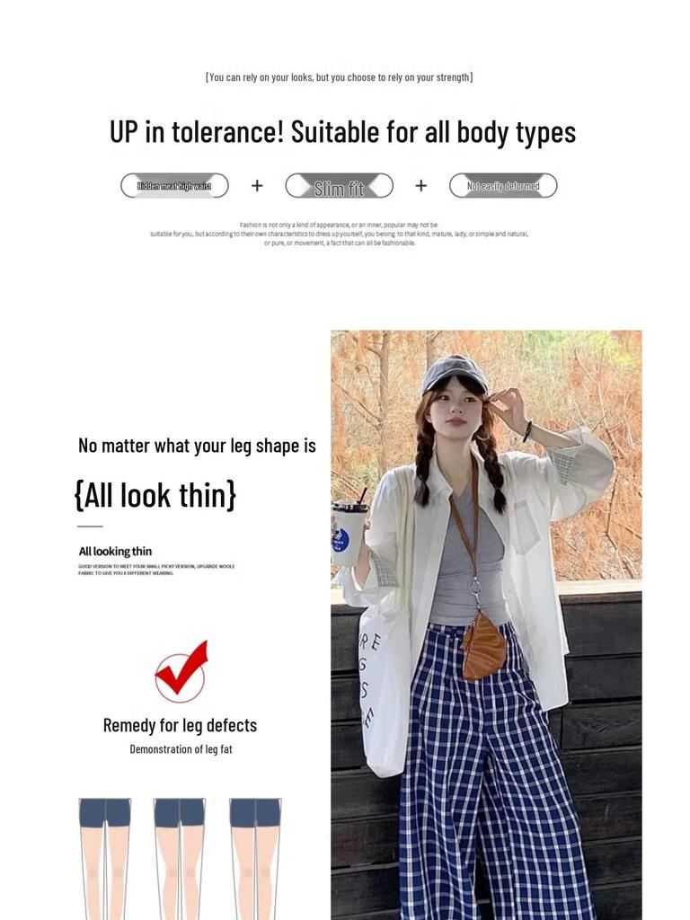 Lu Si Blue Plaid High-Waist Loose Straight-Leg Petite Women's Summer Pants, XS