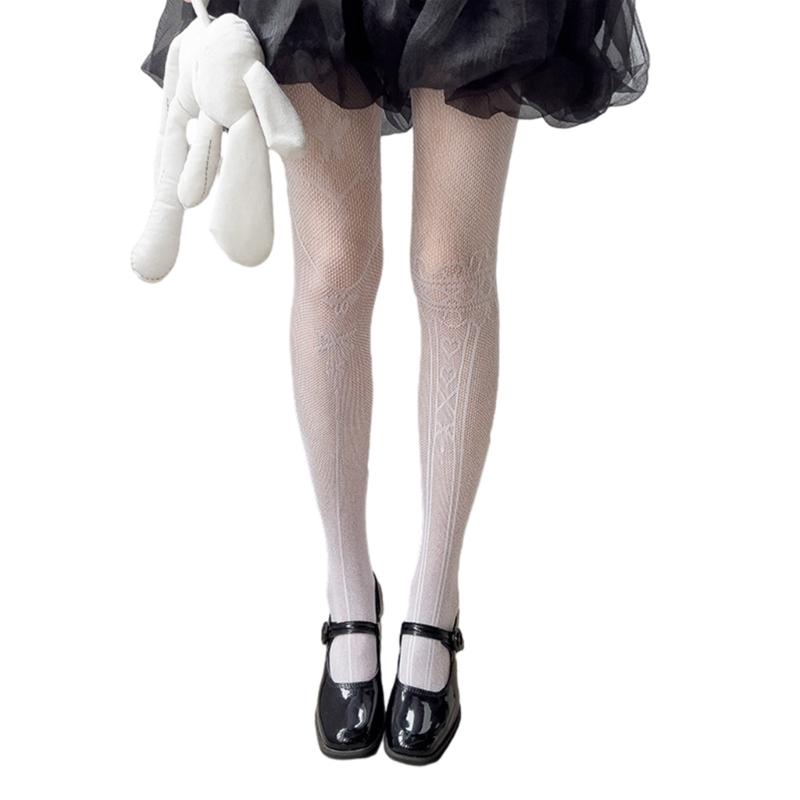 Women Harajuku Hollow Out Fishnet Pantyhose Japanese Gothic Asymmetrical Hollow Heart Patterned Leggings Tights Stocking