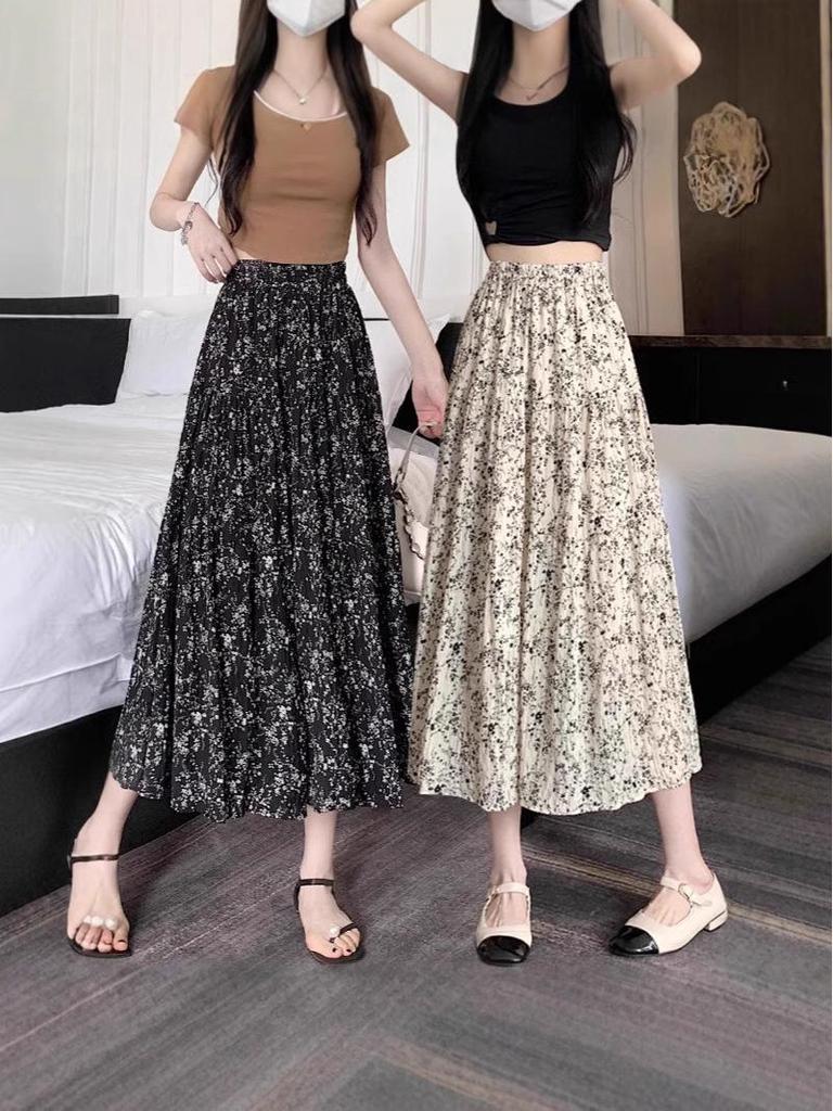 2026 Spring/Summer Floral High-Waisted A-Line Maxi Skirt for Women - Retro, Slimming, Hip-Covering Design