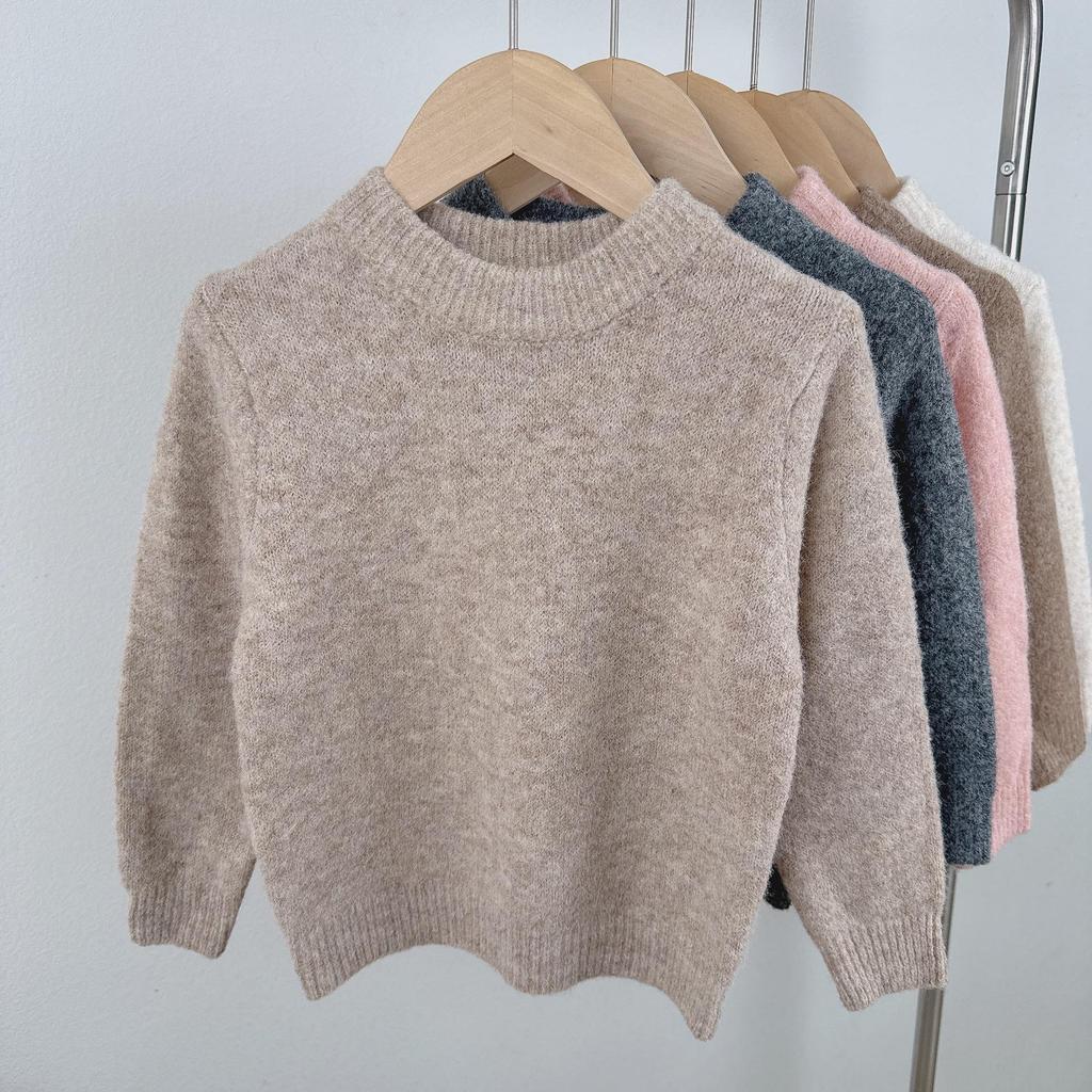Kids' Round Neck Wool Sweater - Solid Color Knit Pullover for Autumn/Winter
