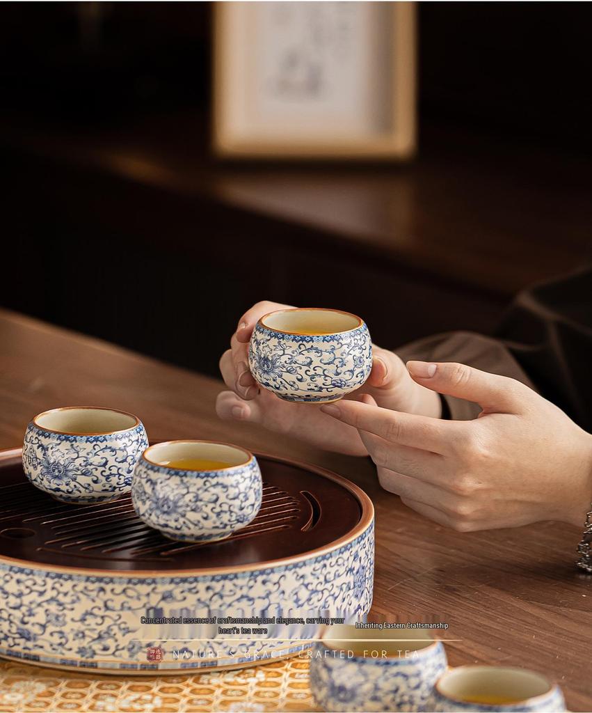 Ru Kiln Blue & White Lotus Luxury Automatic Tea Set - Business Gift for Leaders & Elders
