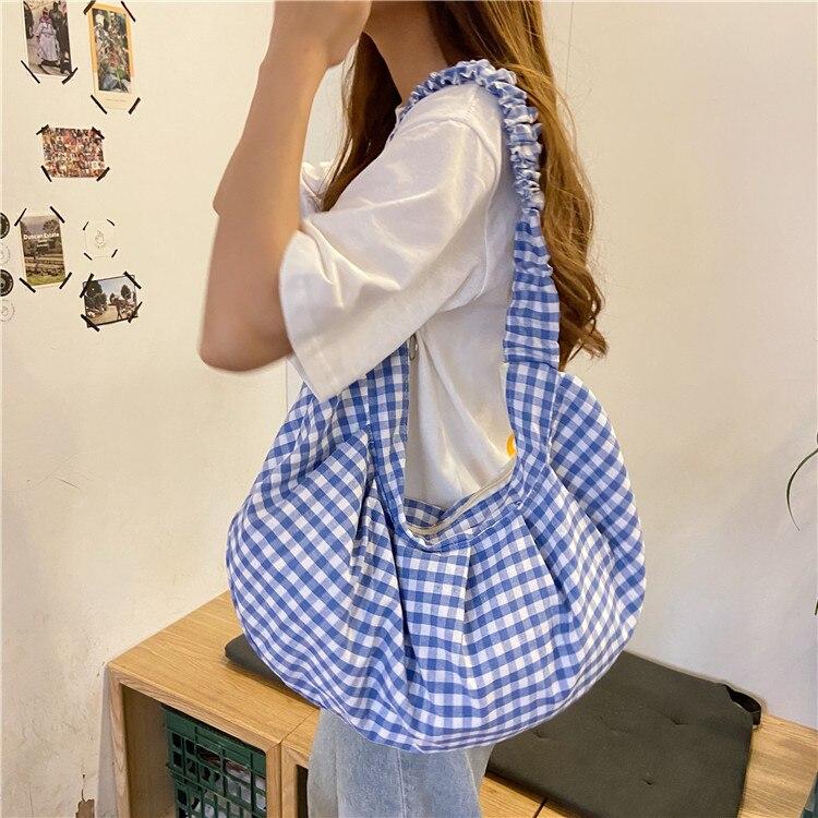 Buy Japanese Harajuku Plaid Women Hobos Bag Trendy Casual Canvas Bag