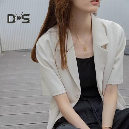 Dámské sako s klopami, krátkým rukávem a volným střihem, s kapsami, jednobarevné, volného střihu, letní business kabát