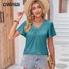 Summer Women's T-shirt Solid Color Pull-pleated V-neck Loose T-shirt Tops with Ruffled Sleeves