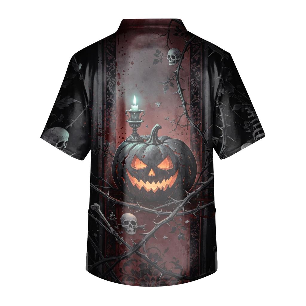 Men's Halloween Print Scrub Top Short Sleeve for Work Uniform