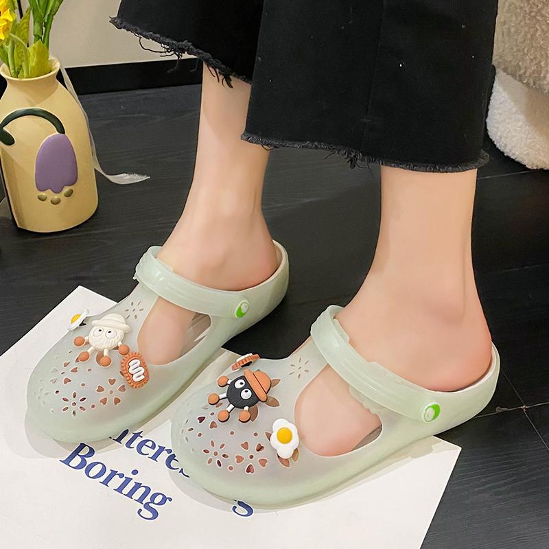 

2025 лето повседневные дырявые туфли женские шлепанцы на мягкой подошве сандалии с закрытым носком желе универсальные пляжные туфли 40 зелёный