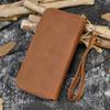 Men's Crazy Horse Leather Long Wallet Genuine Double Zipper Multi-Card Cowhide Clutch Large Capacity Phone Bag