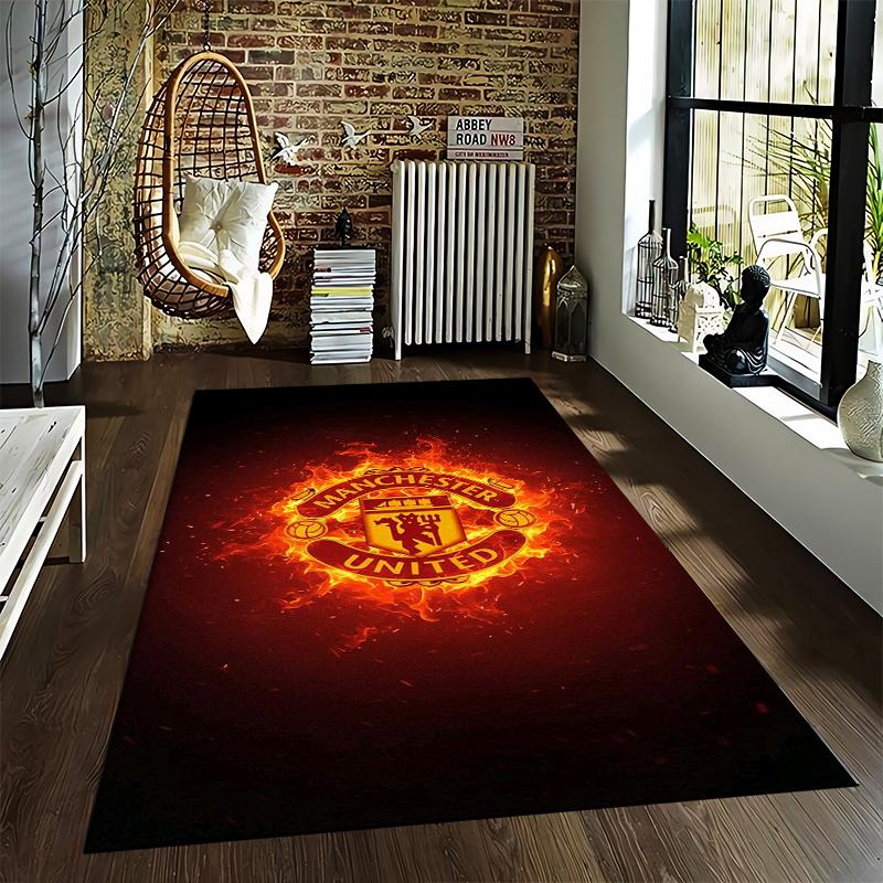 "Manchester United Logo Carpet with Fiery Background for Home Decor" Suitable for use as an anti-slip for living room bedroom sofas