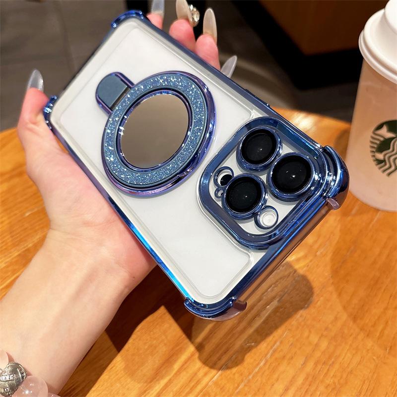 Applicable to iPhone17 mobile phone case, airbag anti-drop glitter, mirror bracket, magnetic suction, Apple 16PROMAX transparent guarantee