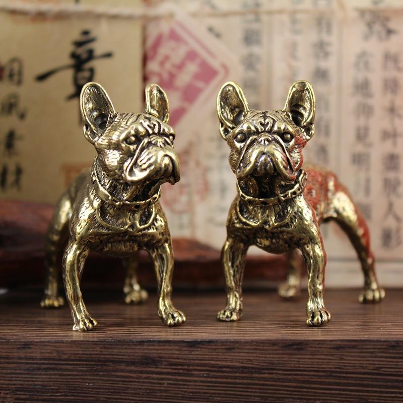 Mini Vintage Brass Bulldog Statue Metal Hunting Dog Figurine Home Office Desktop Decoration Lucky Copper Dog Small Ornament