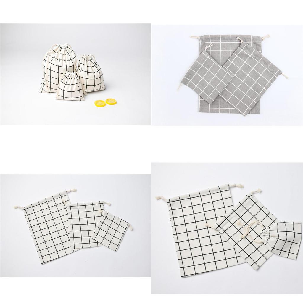 Cotton Linen Grid Storage Bag With Drawstring For Travel And Home Organization
