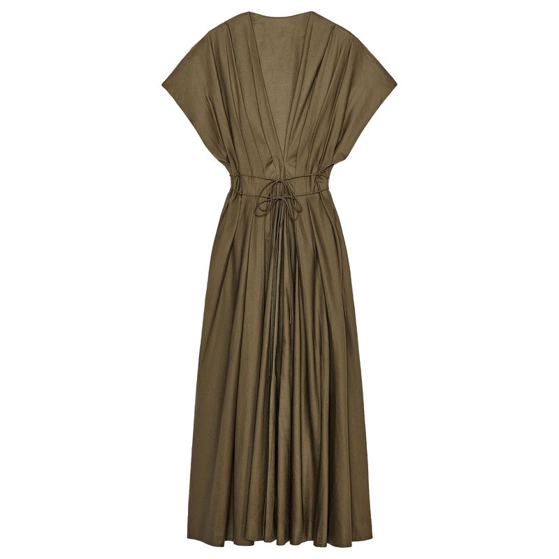 Zaprha 2025 Summer New Fashion Pleated V-neck Drop Shoulder Short Sleeve Waist Hugging Midi Dress 2965260
