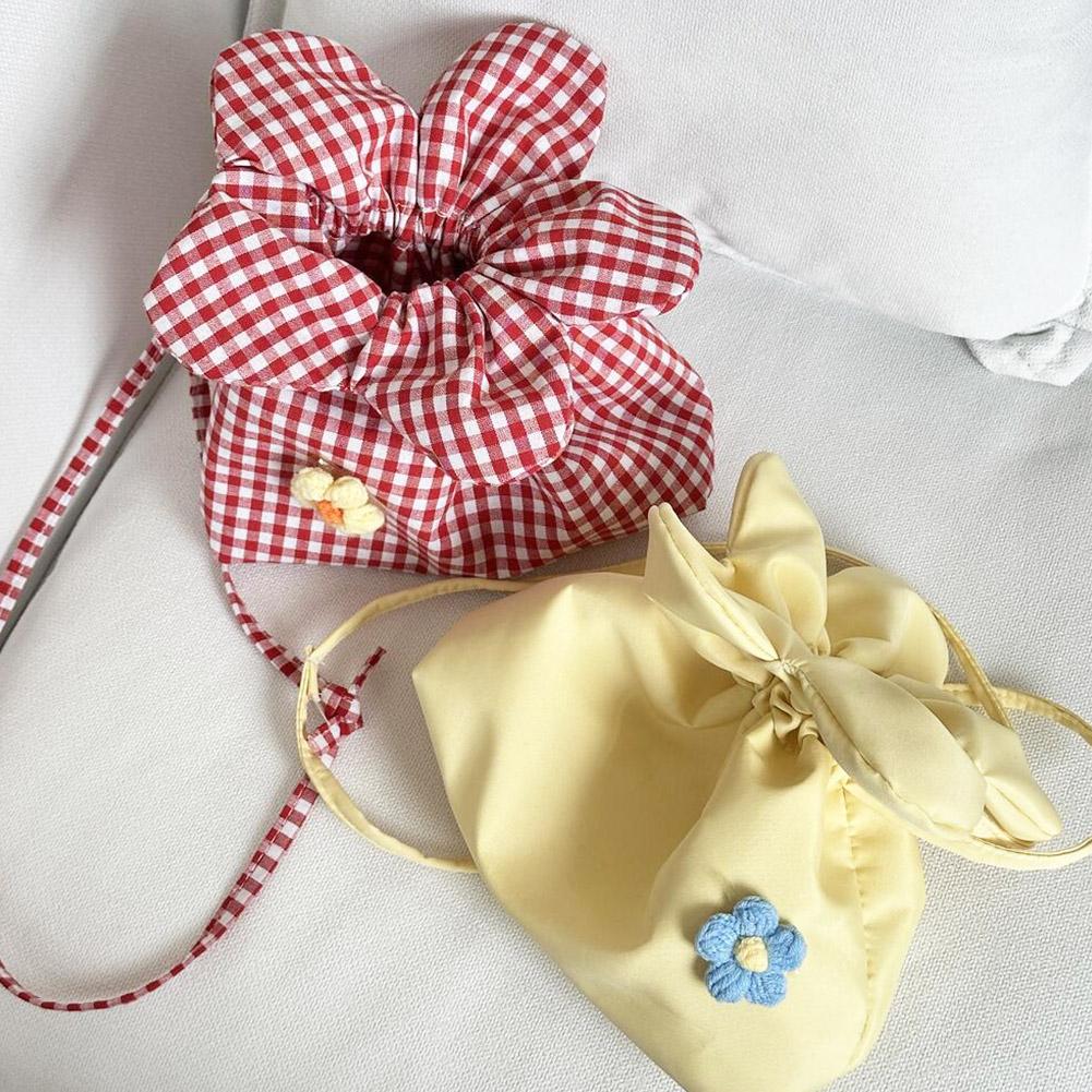 Casual Plaid Drawstring Floral Handbag Large Capacity Portable Cute Flower Handbag Shopping Vacation Travel