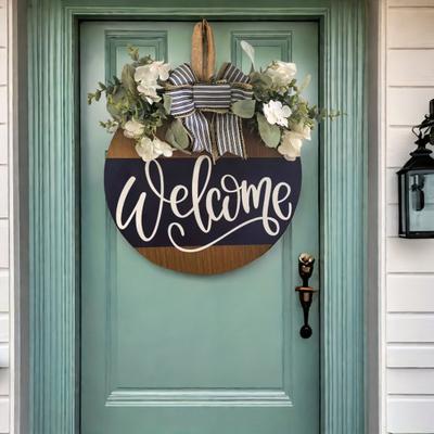 Cartello di Benvenuto per Porta d'Ingresso Fattoria Rustico Rotondo in Legno Fiocco Lettera Corona di Benvenuto Tutte le Stagioni Interno Esterno Appendino da Porta per Portico da Appendere al Muro