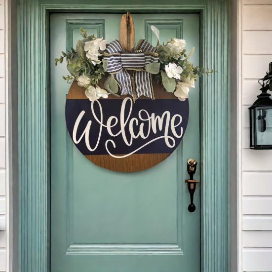 Front Door Welcome Sign Farmhouse Rustic Round Wooden Bowknot Letter Welcome Wreath All Seasons Indoor Outdoor Porch Door Hanger Wall Hanging