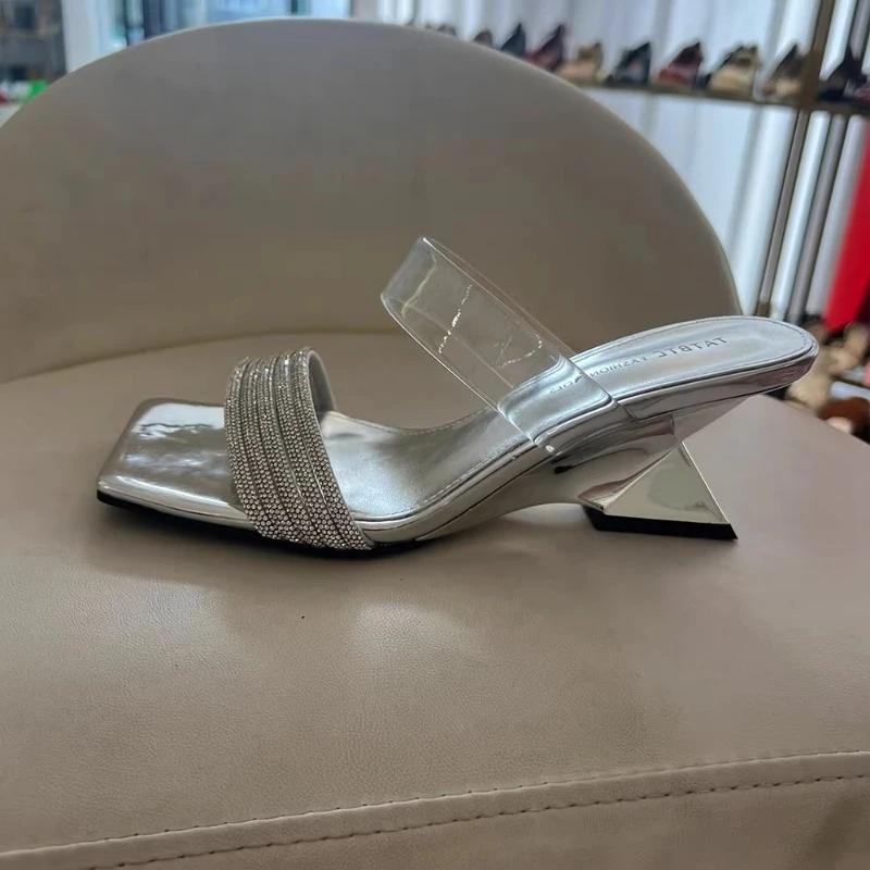 2025 summer new open-toe slippers fashion outerwear temperament square head sexy rhinestone with thick heel sandals high heels