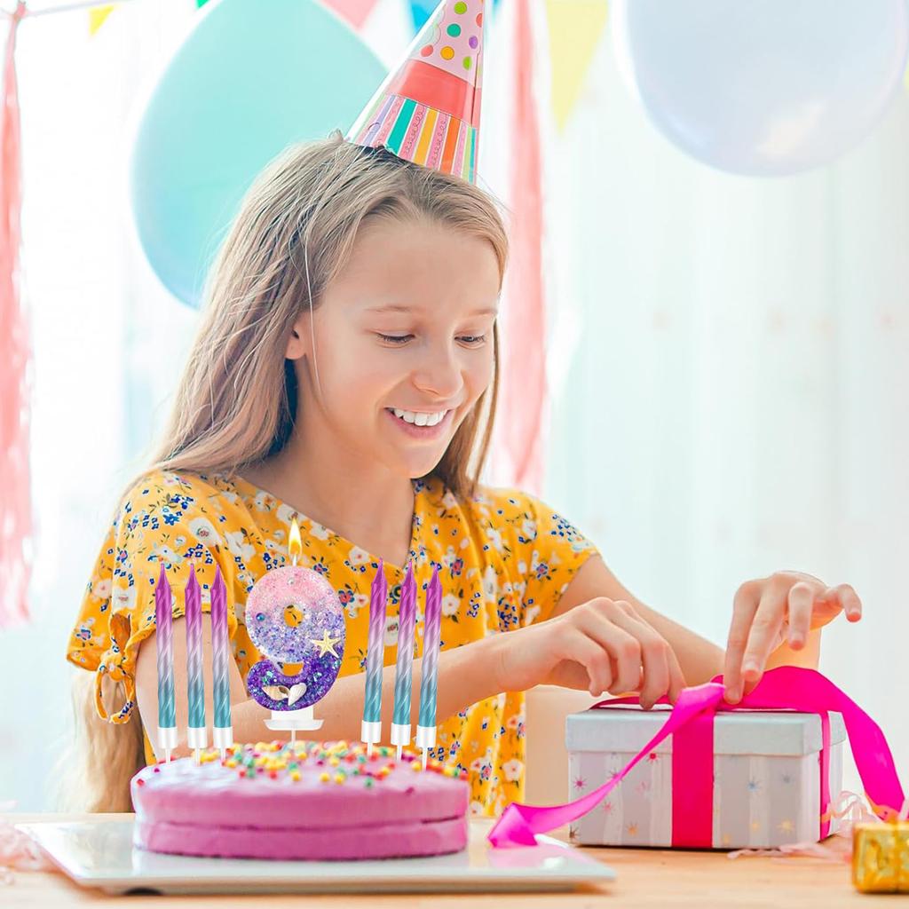 7pcs Girls Purple Mermaid Party Number 0-9 Cake Candles, 2.76 Inch Birthday Candle, Cake Topper Decoration for Birthday Party