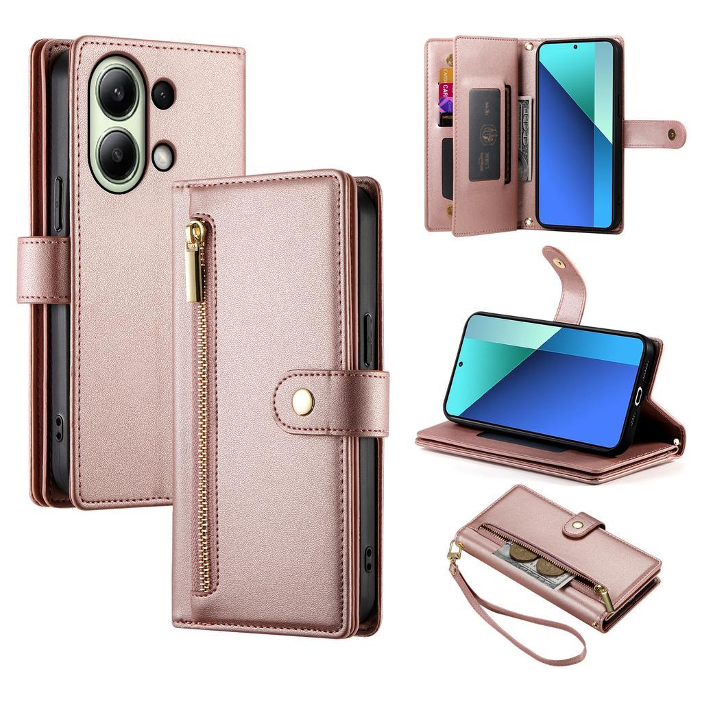 DF-011 For Xiaomi Redmi Note 13 4G Leather Case Zipper Phone Cover with Hand Strap/Shoulder Strap